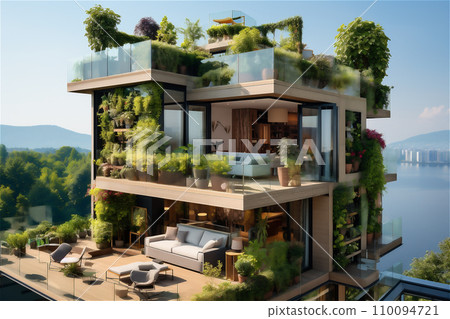 Modern buildings with lots of greenery 110094721