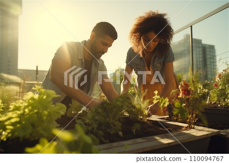 Young couple in the roof garden 110094767