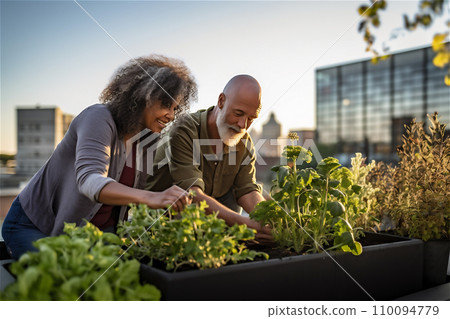 Mature couple in the roof garden 110094779