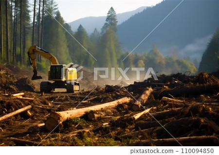 Destruction of forests with heavy machinery 110094850