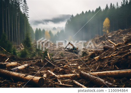 Destruction of forests with heavy machinery 110094864