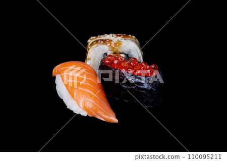 sushi set nigiri sushi gunkan unagi on black background sushi set nigiri sushi gunkan unagi on black background 110095211