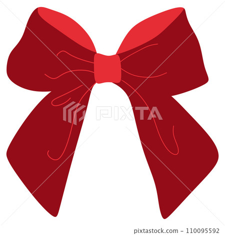 Vector bow Illustration. Isolated long red ribbon and big bow with two tails. Colorful satin stretching line. Holiday concept. New Year, Christmas banner. Cartoon style. Front view. Flat design. 110095592