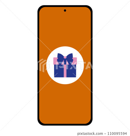 Gift Box on Smartphone Touch screen. Isolated Vector Flat illustration. Giftbox on Mobile Phone Screen. Receiving Surprise Box Online. Digital Purchase or E-commerce Concept. Promo Store, Gift Card. 110095594