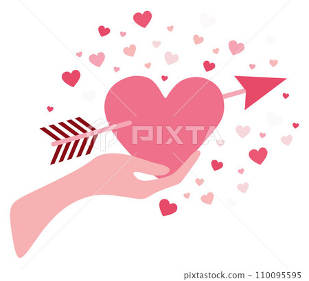 Vector Valentine Day illustration with hand hold Pink heart pierced by cupid arrow isolated on white background. Flat style romantic design of sharing love for greeting card template, Poster, Banner. 110095595