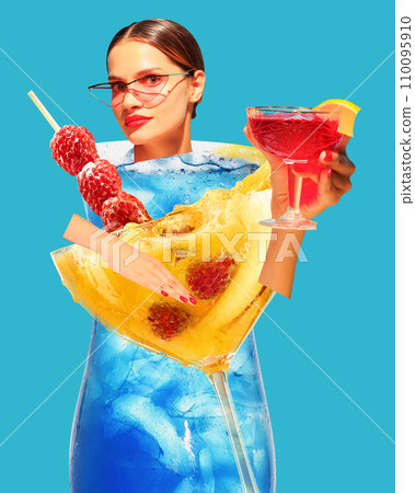 Young beautiful girl in stylish pink sunglasses, drinking delicious cocktails. Summer vibe, party and vacation. Contemporary art collage. 110095910