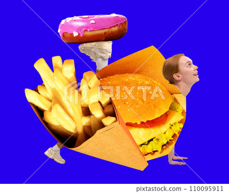 Young woman, junk food lover into burger, fries and donut over blue background. Fast food restaurants. Contemporary art collage. Young woman, junk food lover into burger, fries and donut over blue background. Fast food restaurants. Contemporary art collage. 110095911