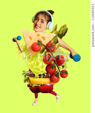 Young smiling woman training with dumbbells' after eating burgers. Health and wellness. Life balance. Contemporary art collage. 110095921