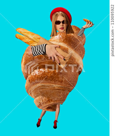 Stylish young girl in red beret with croissant and baguette. French cuisine ad. Contemporary art collage. 110095922