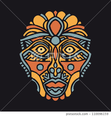AI-generated content. Vector illustration for t-shirt. Tribal mask. Isolated on Black Background. Abstract Art in Orange Yellow Blue Colors, using a Negative Space 110096159