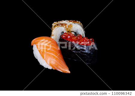 sushi set nigiri sushi gunkan unagi on black background sushi set nigiri sushi gunkan unagi on black background 110096342