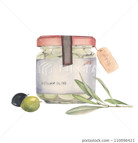 Watercolor illustration with glass jar of olives and olive branch 110096421