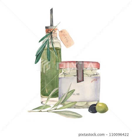 Composition with bottle of olive oil and jar of green olives 110096422