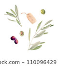 Composition with watercolor olive and olive tree branches 110096429