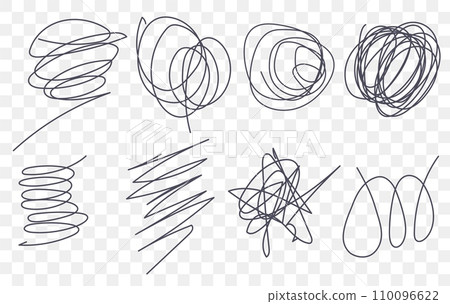 Marker drawn scribble vector set. Childish drawing. Hand draws calligraphy swirls. Curly brush strokes, marker scrawls as graphic design elements set 110096622