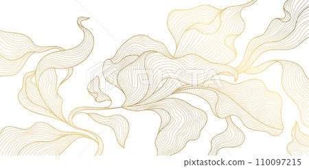 Vector golden leaves background, luxury abstract wavy floral art. Nature design texture, line illustration, foliage wallpaper Vector golden leaves background, luxury abstract wavy floral art. Nature design texture, line illustration, foliage wallpaper 110097215