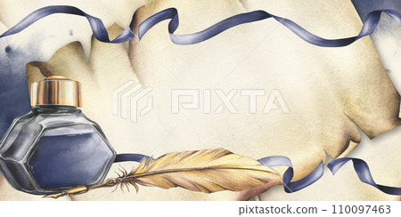 Inkwell with blue ink with gold writing pen, ribbons, stains and splashes. Hand drawn watercolor illustration. Frame, horizontal template for text on a paper scroll background. 110097463