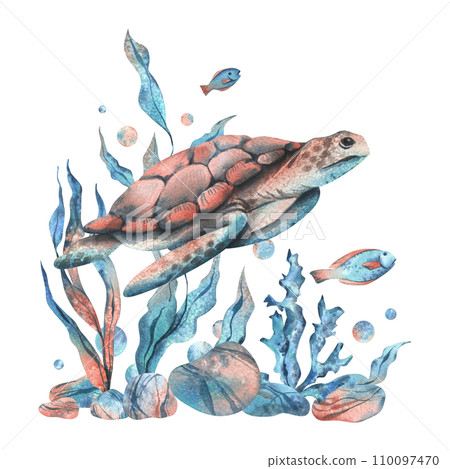 Underwater world clipart with sea animals turtle, fish, pebbles, bubbles, coral and algae. Hand drawn watercolor illustration. Isolated composition on a white background. 110097470