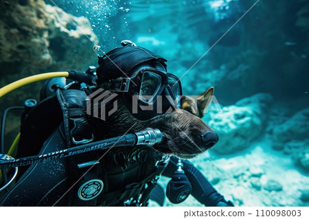 dog scuba diver underwater coming to you with mask and diving gear 110098003