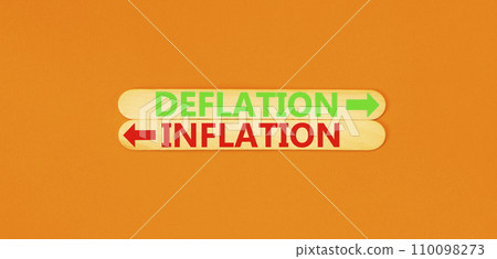 Deflation inflation symbol. Concept word Deflation Inflation on beautiful wooden stick. Beautiful orange table orange background. Business deflation or inflation concept. Copy space. Deflation inflation symbol. Concept word Deflation Inflation on beautiful wooden stick. Beautiful orange table orange background. Business deflation or inflation concept. Copy space. 110098273