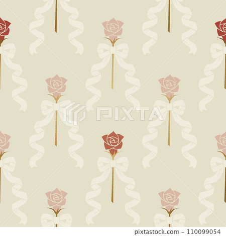 古色古香的白色絲帶和紅色和粉紅色玫瑰無縫圖案 110099054