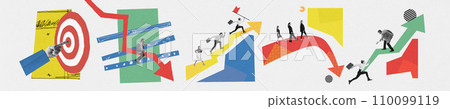 Banner. Contemporary art collage. Decreases and increases. Business phases which symbolized many attempts on way to successfully achieving goal. 110099119