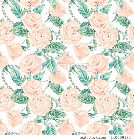 Pink roses, seamless pattern, watercolor, isolated on white background. Wedding invitations, wrapping paper, Valentines day, wallpaper, textiles. 110099183