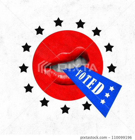 Contemporary art collage. Woman's mouth with the word voted in blue letters coming out of it, surrounded by ten stars in circle Contemporary art collage. Woman's mouth with the word voted in blue letters coming out of it, surrounded by ten stars in circle 110099196