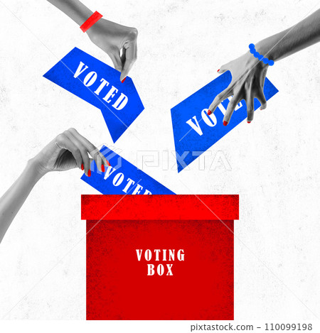 Contemporary art collage. positive and encouraging message about voting. People hands putting ballot with inscription voted to box. 110099198