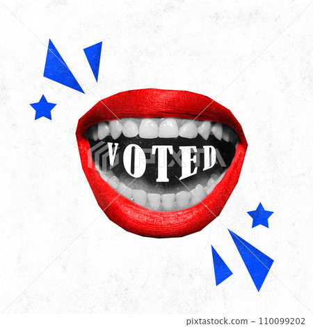 Contemporary art collage. Mouth with word voted written across lips and teeth against white background. Trendy magazine style. Contemporary art collage. Mouth with word voted written across lips and teeth against white background. Trendy magazine style. 110099202