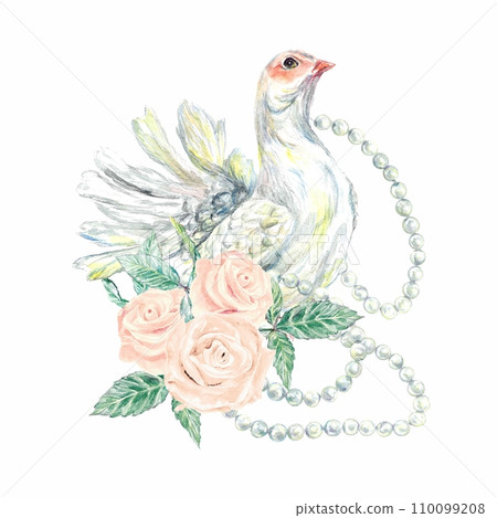 White dove pink roses watercolor. Peace symbol bird illustration isolated on white background. Wedding invitations, cards, envelopes, Valentines Day. 110099208