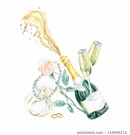 Champagne, bottle and glasses, splashes, rings, rose, watercolor, isolated on white background. Wedding invitations, covers, greeting cards, posters. Champagne, bottle and glasses, splashes, rings, rose, watercolor, isolated on white background. Wedding invitations, covers, greeting cards, posters. 110099218