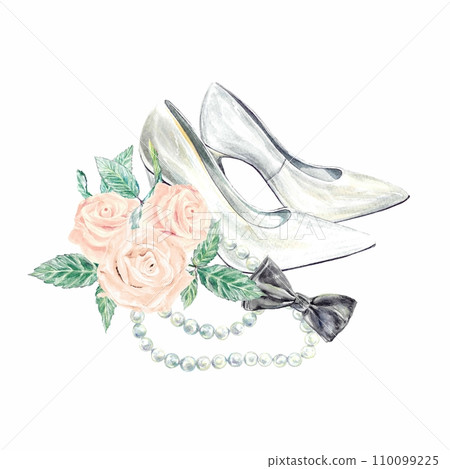 Brides shoes, grooms bow tie, pink roses, watercolor, isolated on white background. Wedding invitations, covers, greeting cards, envelopes, posters. 110099225