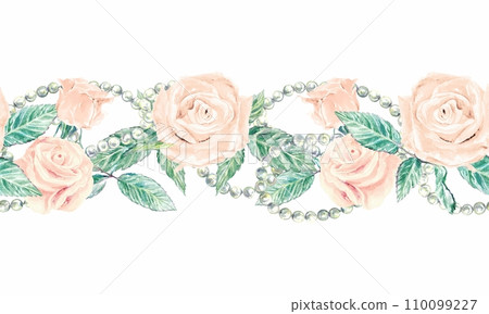 Pink roses, seamless border, watercolor. Holiday template isolated on white background. Wedding invitations, cards, covers, labels, Valentines day. 110099227