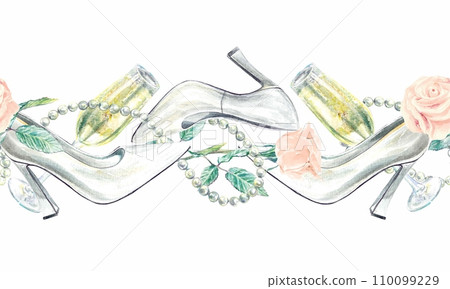 Shoes, glasses, roses, seamless border, watercolor. Holiday template isolated on white background. Wedding invitations, cards, covers, Valentines day. 110099229