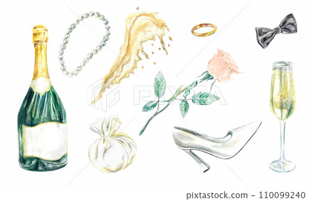 Wedding set, watercolor. Champagne, rose, brides shoe, grooms bow tie, isolated on white background. Wedding invitations, greeting cards, envelopes, . Wedding set, watercolor. Champagne, rose, brides shoe, grooms bow tie, isolated on white background. Wedding invitations, greeting cards, envelopes, . 110099240