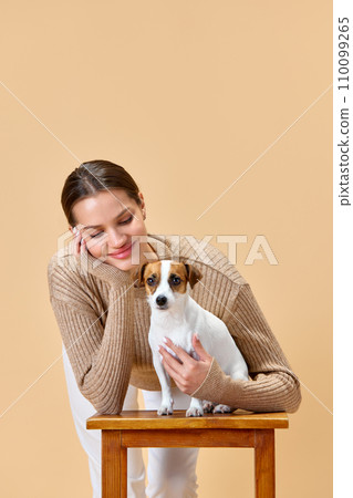 Wonderful female model chilling in studio with puppy. Portrait of debonair girl tenderly petting her Jack Russell terrier. Wonderful female model chilling in studio with puppy. Portrait of debonair girl tenderly petting her Jack Russell terrier. 110099265