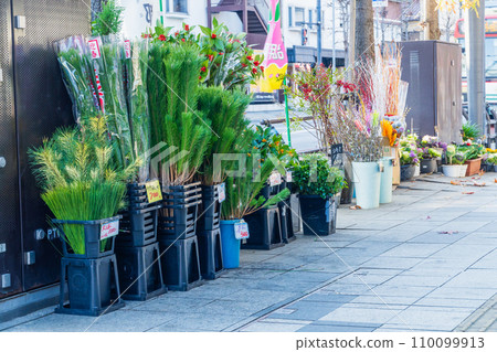 New Year decoration Kadomatsu placed on the sidewalk New Year decoration Kadomatsu placed on the sidewalk 110099913