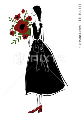 Black dress, red flowers, woman, long hair 110100111