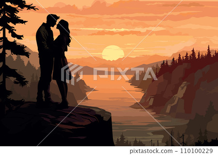 AI-generated content. romantic couple in peaceful landscape by lake at sunset vector illustration AI-generated content. romantic couple in peaceful landscape by lake at sunset vector illustration 110100229