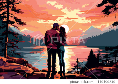 AI-generated content. romantic couple in peaceful landscape by lake at sunset vector illustration AI-generated content. romantic couple in peaceful landscape by lake at sunset vector illustration 110100230