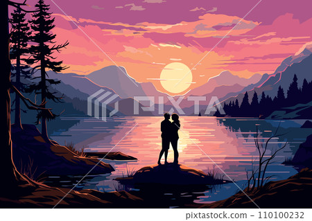 AI-generated content. romantic couple in peaceful landscape by lake at sunset vector illustration 110100232