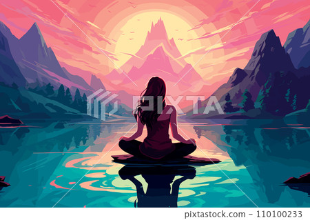 AI-generated content. girl doing yoga in peaceful landscape by lake vector illustration 110100233