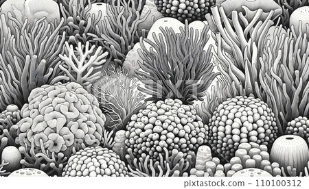 AI-generated content. Black and white illustration intricate coral and sponge pattern, ideal for marine biology and environmental conservation themes. 110100312