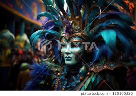 AI-generated content. Close-up of a woman in mask with bright with feathers for carnival, Mardi Gras. 110100320