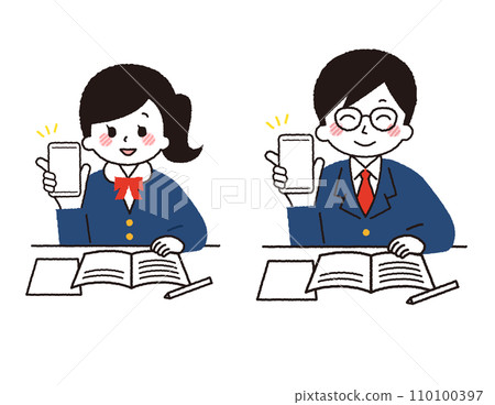 一名學生在智慧型手機上學習的插圖。 一名學生在智慧型手機上學習的插圖。 110100397