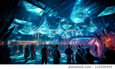 The neon lights of a Cyberpunk nightclub dance in the dark rythmic. Alien Light Distortion Glow paints the floor with electric movement. A sensory symphony where technology and humans come together. 110100405