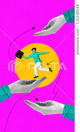 Happy successful man, employee walking around hands symbolizing professional success. Contemporary art collage. 110100548