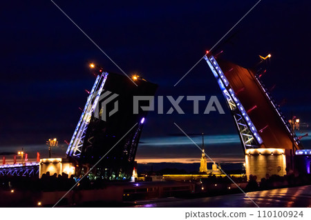Opening of Palace drawbridge. Night view of Palace bridge from the Neva river in Saint Petersburg, Russia Opening of Palace drawbridge. Night view of Palace bridge from the Neva river in Saint Petersburg, Russia 110100924