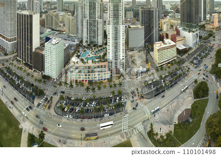 Urban landscape of downtown district of Miami Brickell in Florida, USA. Skyline with high skyscraper buildings and street with traffic in modern american megapolis 110101498